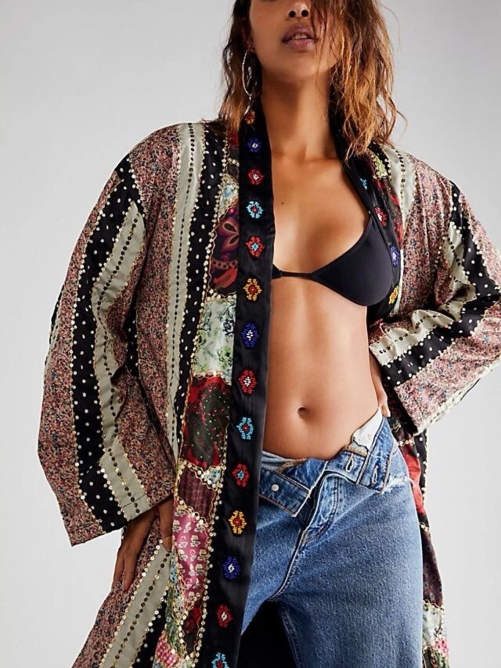Free People Kayla Duster/Patchwork Kimono Coat-Multicolor intricate details,sz S - Picture 2 of 12
